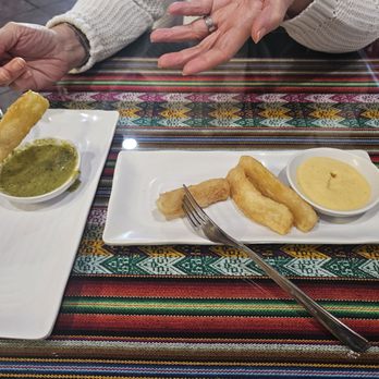 Sabor a Peru - Fried Yucca with a special sauce. We also asked for their green sauce! - Peruvian Near Me - Covina, California Sabor a Peru - Fried Yucca with a special sauce. We also asked for their green sauce! - Peruvian Near Me - Covina, California