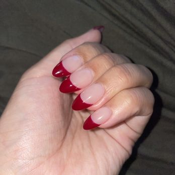 J Nails & Spa - Gel X, short almond, dark red French tips - Nail Salons Near Me - Las Vegas, Nevada J Nails & Spa - Gel X, short almond, dark red French tips - Nail Salons Near Me - Las Vegas, Nevada