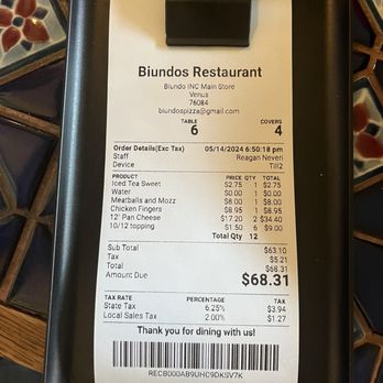 Biundo's - Receipt - Pizza Near Me - Venus, Texas