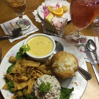Teapot Depot - Conductors plate with chicken salad, Fritos, broccoli cheese soup and cream cheese muffin. Peach tea on the side. - Cafes Near Me - Highlands, Texas Teapot Depot - Conductors plate with chicken salad, Fritos, broccoli cheese soup and cream cheese muffin. Peach tea on the side. - Cafes Near Me - Highlands, Texas