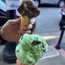 Chocolate & Mint ChocoChip on waffle cone Chocolate & Mint ChocoChip on waffle cone