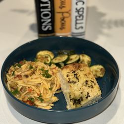 Chicken spaghetti w/ roasted squash-zucchini and rosemary and olive oil focaccia bread