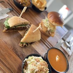 The Carving Board - Fish and chips, steak Diane, Cole slaw, tomato soup, house chips, turkey chili