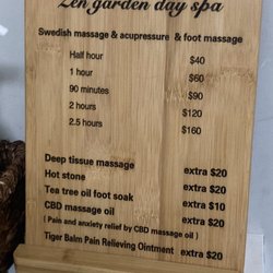 Zen Garden Day Spa - Currently pricing. Decent, but they will pressure you to upgrade and tip high.
