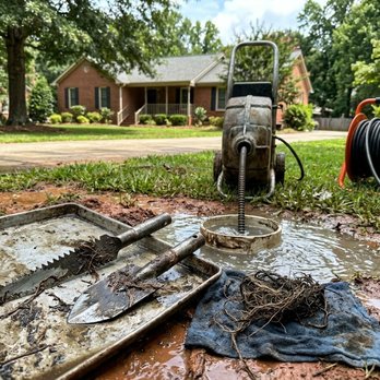 Always Clear Sewer and Drain - In a muddy front yard, a drain machine runs cable into a flooded cleanout. A metal tray holds root-cutting tools, a blue clot... - Plumbing Near Me Always Clear Sewer and Drain - In a muddy front yard, a drain machine runs cable into a flooded cleanout. A metal tray holds root-cutting tools, a blue clot... - Plumbing Near Me