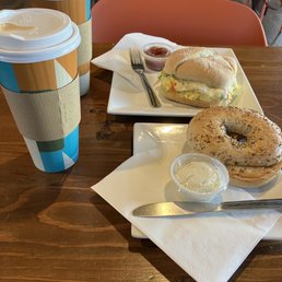 Coffees, bagel, and a breakfast sandwich!