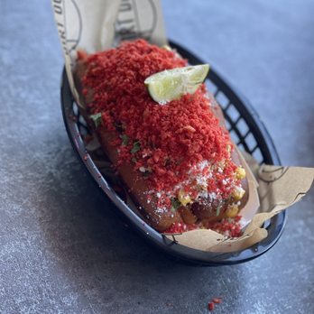 Dirt Dog Downey - Elote dog with flaming hot dust - Hot Dogs Near Me - Downey, California Dirt Dog Downey - Elote dog with flaming hot dust - Hot Dogs Near Me - Downey, California
