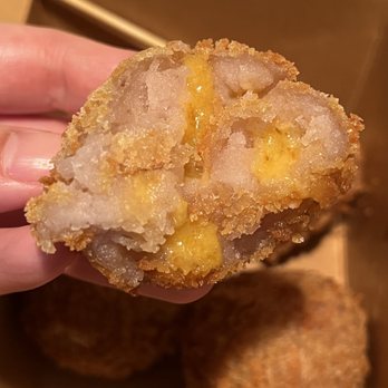 Orange Square - Inside the golden egg yolk taro ball. Get this if you like salty and sweet! - Taiwanese Near Me - Santa Clara, California Orange Square - Inside the golden egg yolk taro ball. Get this if you like salty and sweet! - Taiwanese Near Me - Santa Clara, California
