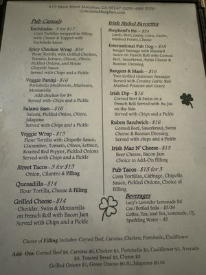 Menu photo 2 Murphys Irish Pub Murphys, CA