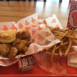 Cheddar biscuit shrimp meal; about $8 here. $5 in other areas. Cheddar biscuit shrimp meal; about $8 here. $5 in other areas.