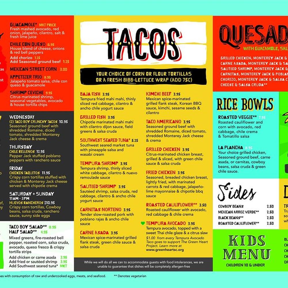 Taco Boy - The newer menu...It has changed since a year ago.  This is one of the two sides. - Mexican Near Me - Summerville, South Carolina