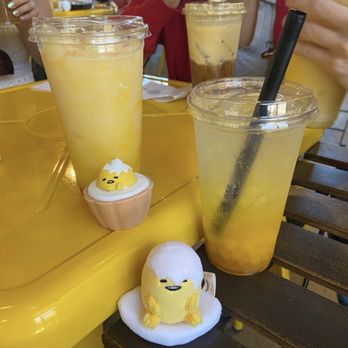 Gudetama Cafe - From left to right, passionfruit yogurt smoothie, affogato ice cream coffee, Sparkling Mango - Cafes Near Me - Buena Park, California