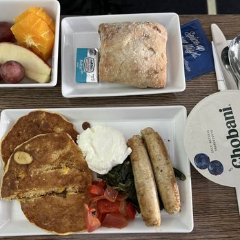 Alaska Airlines - Sweet corn pancakes with chicken apple sausage - Airlines Near Me - Seattle, Washington Alaska Airlines - Sweet corn pancakes with chicken apple sausage - Airlines Near Me - Seattle, Washington