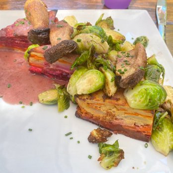 SunCafe - Root Vegetable Rainbow au Gratin with King Oyster Mushrooms in Wine Sauce - Vegan Near Me - Studio City, California