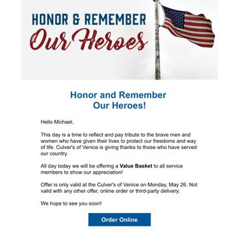 Culver's - Email Sent by Culver's on Memorial Day - Burgers Near Me - Venice, Florida Culver's - Email Sent by Culver's on Memorial Day - Burgers Near Me - Venice, Florida