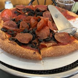 Pepperoni and black olive pizza ( without cheese due to dairy allergy) Pepperoni and black olive pizza ( without cheese due to dairy allergy)