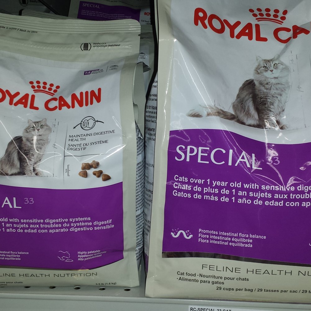 Royal Canin - Special 33 $15.99/3.5lbs $21.99/7lb $41.99/15lb. Good for cats with a sensitive stomach Royal Canin - Special 33 $15.99/3.5lbs $21.99/7lb $41.99/15lb. Good for cats with a sensitive stomach