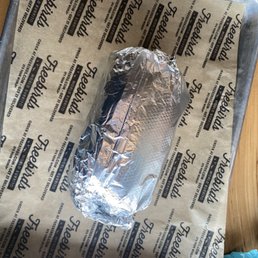 This is the Freebird size burrito these days 2023. 3/4 the size of original. This is the Freebird size burrito these days 2023. 3/4 the size of original.