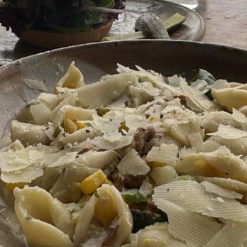 Greens Restaurant - Fresh Conchiglie Pasta - chanterelles, spinach, corn, porcini cream sauce, spring onions, herb butter, grana padano - still talkin' about it - Vegetarian Near Me - San Francisco, California