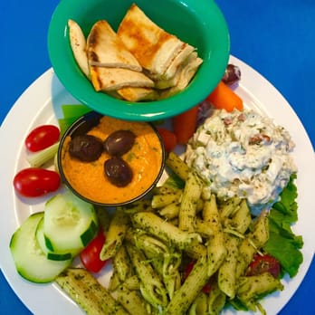 Blue Sky Cafe - Trio Salad pretty good- Dill Chicken Salad, Pesto Pasta Salad & Humus with Peta Bread squares was delicious - Cafes Near Me - Fletcher, North Carolina Blue Sky Cafe - Trio Salad pretty good- Dill Chicken Salad, Pesto Pasta Salad & Humus with Peta Bread squares was delicious - Cafes Near Me - Fletcher, North Carolina