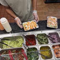 Mr Halal East Greenbush - The food assembly line and my entree (chicken over rice platter)