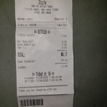 Sizzle Falafel Bar & Shawarma - receipt - Kosher Near Me - Fresh Meadows, New York Sizzle Falafel Bar & Shawarma - receipt - Kosher Near Me - Fresh Meadows, New York
