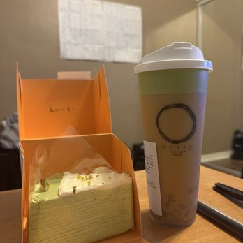 Motto Tea Cafe - Pistachio Crepe Cake and Farmers Milk Tea w/ Match Foam & Oreo crumbs and added mini taro balls - Desserts Near Me - Pasadena, California
