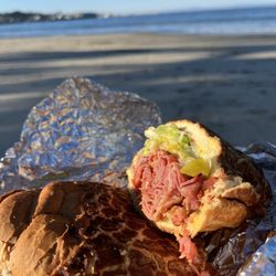 La Sala's Bi-Rite Market - Pastrami sandwich, mustard, onions, lettuce, olives, on Dutch crunch bread