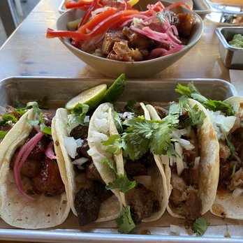 Bartaco - Pork belly, carne asada and duck tacos. On top is the pork belly bowl - Tapas/Small Plates Near Me - Port Chester, New York