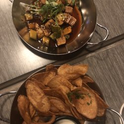 Midtown Station - Chilli Tofu (chili garlic sauce, pineapple, cucumber, sesame seeds, scallions) and Potato Chips with malt and pepper dip