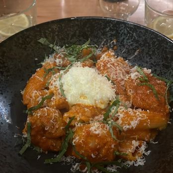 Cucciolo Terrazza - SPICY VODKA TOMATO CREAM RIGATONI - Vodka, plum tomatoes, house made ricotta, basil (I added shrimp) - Italian Near Me - Raleigh, North Carolina Cucciolo Terrazza - SPICY VODKA TOMATO CREAM RIGATONI - Vodka, plum tomatoes, house made ricotta, basil (I added shrimp) - Italian Near Me - Raleigh, North Carolina