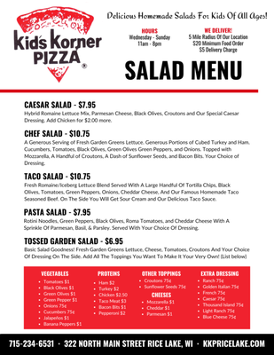 Menu photo 1 Kid's Korner Pizza Rice Lake, WI Menu photo 1 Kid's Korner Pizza Rice Lake, WI