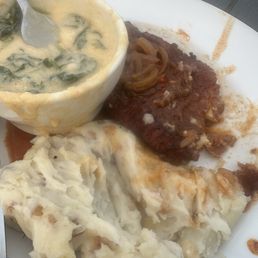 Gypsy shnitzel with creamed spinach and mashed potatoes. Gypsy shnitzel with creamed spinach and mashed potatoes.