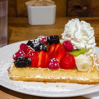 Nero Waffles - Fruity ($8.90) on a Brussels style waffle, which came with whatever fruit they had plus whipped cream - Desserts Near Me - Vancouver, British Columbia