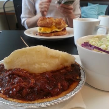 Pie Cloud - Top: Breakfast biscuit sandwich and sausage gravy. Bottom: bbq pork with cornmeal crust, potato mash, and coleslaw. - Bakeries Near Me - Calgary, Alberta
