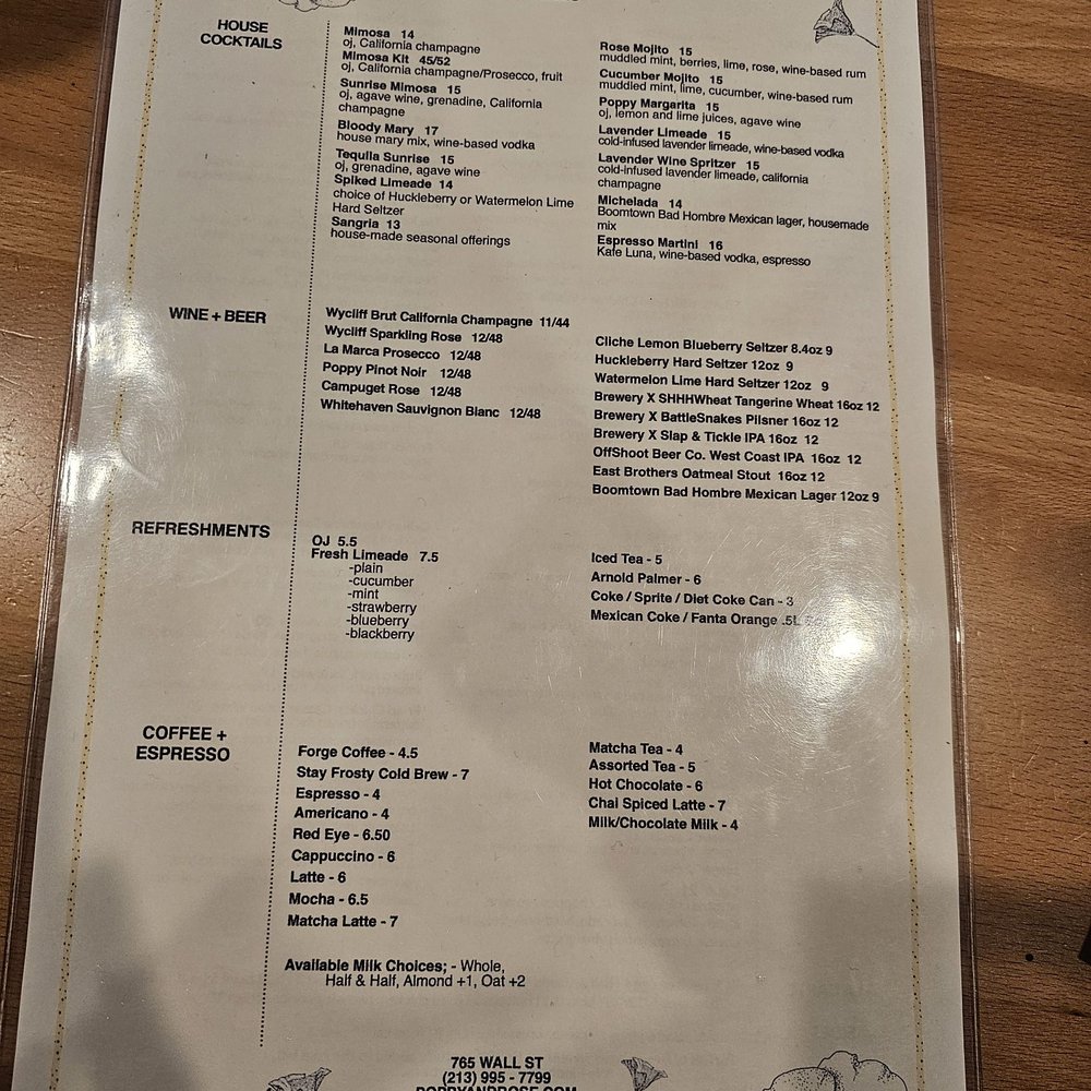 Poppy + Rose - Menu 10/2025 - Breakfast & Brunch Near Me - Los Angeles, California