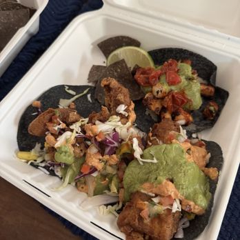 Villas Tacos - baja shrimp, fish, and octopus taco with avocado salsa instead of cilantro crema (has peanut) - Mexican Near Me - Los Angeles, California