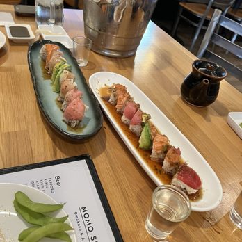 Momo Sushi - Tuna Bomb and Rainbow Roll - Sushi Bars Near Me - Riverside, California Momo Sushi - Tuna Bomb and Rainbow Roll - Sushi Bars Near Me - Riverside, California