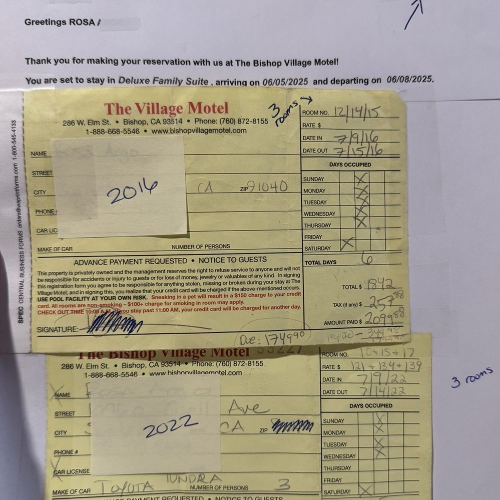 Bishop Village Motel - This is the oldest receipt I found, but in 2012 we actually had booked 6 rooms that year. - Hotels Near Me - Bishop, California Bishop Village Motel - This is the oldest receipt I found, but in 2012 we actually had booked 6 rooms that year. - Hotels Near Me - Bishop, California