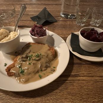 Bohemian Biergarten - Jager schnitzel with sides of my choice. Mashed potatoes, red cabbage and beets. - German Near Me - Boulder, Colorado Bohemian Biergarten - Jager schnitzel with sides of my choice. Mashed potatoes, red cabbage and beets. - German Near Me - Boulder, Colorado