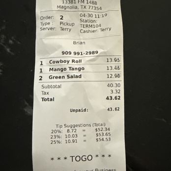 Akashi - Receipt for proof - Sushi Bars Near Me - Magnolia, Texas
