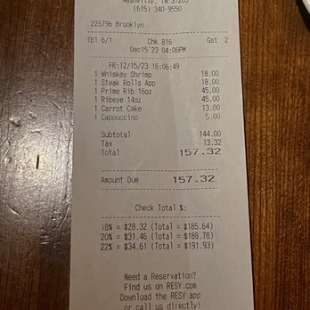 Stoney River - Overpriced bill - Steakhouses Near Me - Nashville, Tennessee
