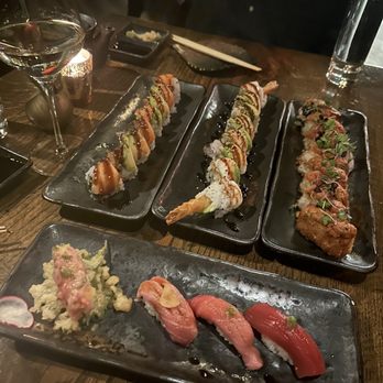 Kinjo Room - left to right: eel roll , Shrimp Tempura Special Roll, spicy crispy tuna roll  bottom: tuna tasting - Sushi Bars Near Me - Atlanta, Georgia
