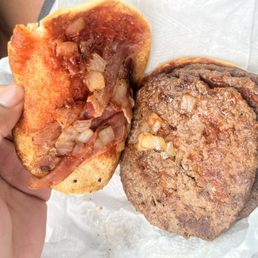 Triple meat What-a-Hamburger with grilled onions and bacon Triple meat What-a-Hamburger with grilled onions and bacon