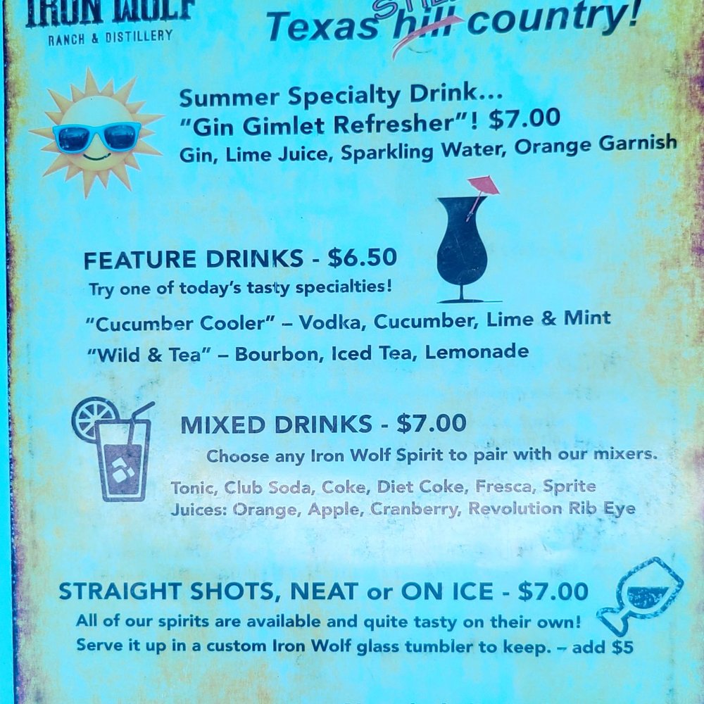 Iron Wolf Ranch and Distillery - Drink menu - Distilleries Near Me - Spicewood, Texas Iron Wolf Ranch and Distillery - Drink menu - Distilleries Near Me - Spicewood, Texas