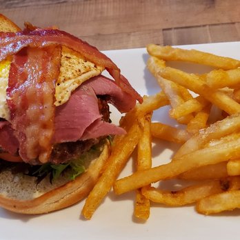 Hollands - "Hangover Burger" w/ battered fries - American Near Me - Suffolk, Virginia
