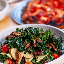 Magic 5 Pie Co. - Tuscan Kale Salad - Massaged kale, Bose pear, sweetened cranberries, tomato confit candied pecans with white balsamic