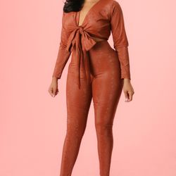 Voltage Fashion Boutique - Snake Print Front Tie Top Super Stretch 2 Piece Set-Rust