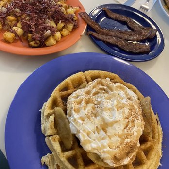 The Poked Yolk - gluten free Apple Cinnamon Belgian Waffles with a side of corned beef hash - Diners Near Me - Buffalo, New York The Poked Yolk - gluten free Apple Cinnamon Belgian Waffles with a side of corned beef hash - Diners Near Me - Buffalo, New York