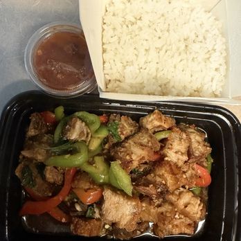 Bangkok Grill - BASIL CRISPY PORK (comes with a side of rice and chili sauce.) - Thai Near Me - Hawthorne, California Bangkok Grill - BASIL CRISPY PORK (comes with a side of rice and chili sauce.) - Thai Near Me - Hawthorne, California